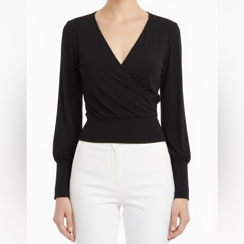 21 Saints Surplice Neckline Long Puff Sleeve Cropped Top Black Size L